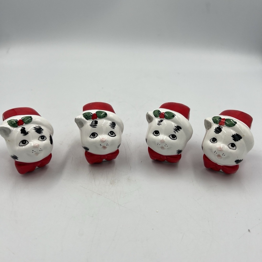 Charming Vintage Christmas Cat Napkin Rings Set of‎ 4 – Holly & Red Bow Accents